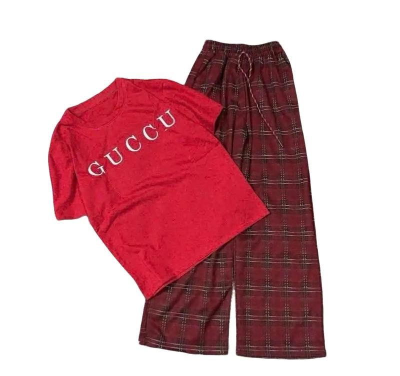 Set Bộ Áo Thun Nam Nữ Unisex In chữ GU Phối Quần Ống Rộng Phom Rộng Tay Lỡ Ong Top Women Cổ Tròn 0