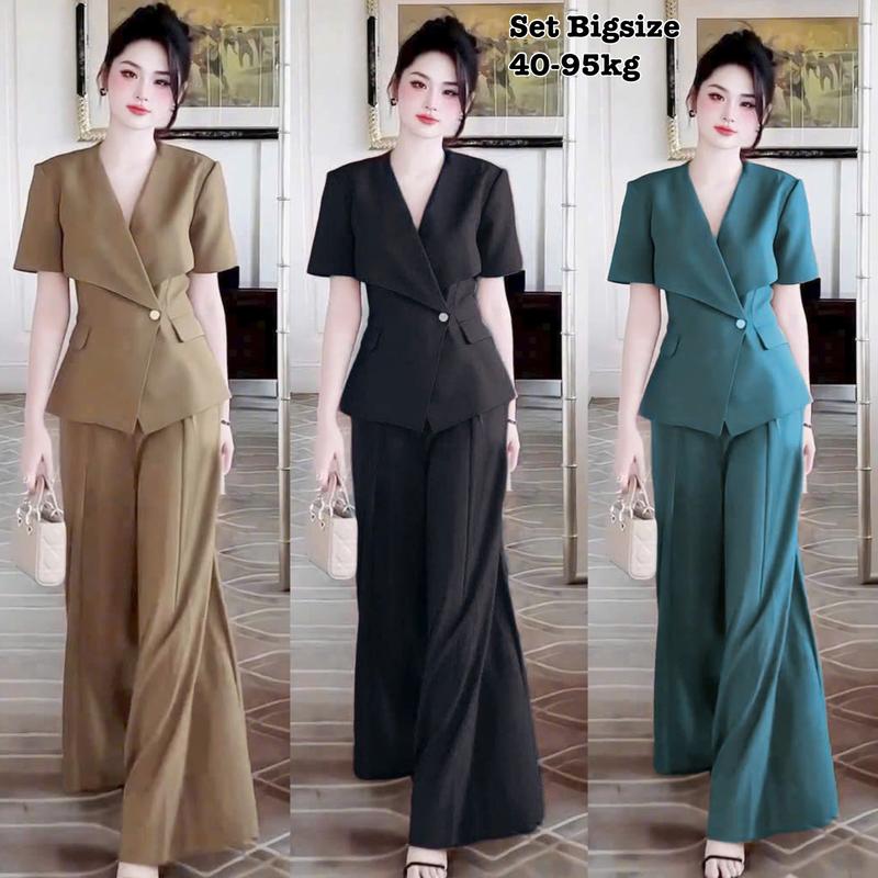 Thời Trang Bigsize - Set Bộ Dài Tay Ngắn Bigsize Quần Suông Ống Rộng Lụa Chéo Thái Thiết Kế Hack Dáng Dự Tiệc Nữ Cao Cấp Xinh Đẹp Sang Trọng 50-95kg Top Màu Nâu Sen Màu Đen Set Đồ Nữ đẹp Set Áo Croptop Bộ Suit Nữ Sang Chảnh Bigsize Women Xanh Rêu