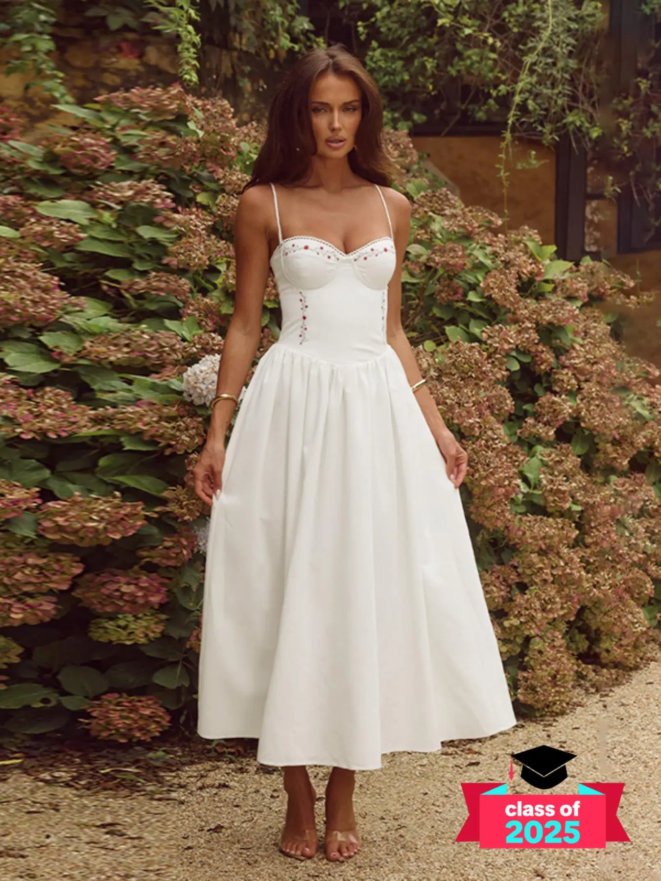 Women's Floral Embroidery Shirred Cami Dress, Elegant Sleeveless Spaghetti Strap Long Dress for Party Holiday Wedding Guest, Ladies Summer Clothes, Formal Dresses Women