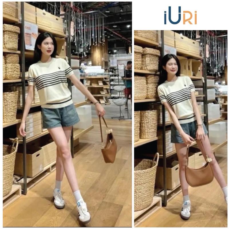 {GIÁ MỞ BÁN} áo thun dệt kim Sọc thêu Hình Ngựa LEN MỎNG Mongtoghi cổ tròn dáng rộng QC free size <58kg woman đen trắng MÁT MỊN iurihouse 8