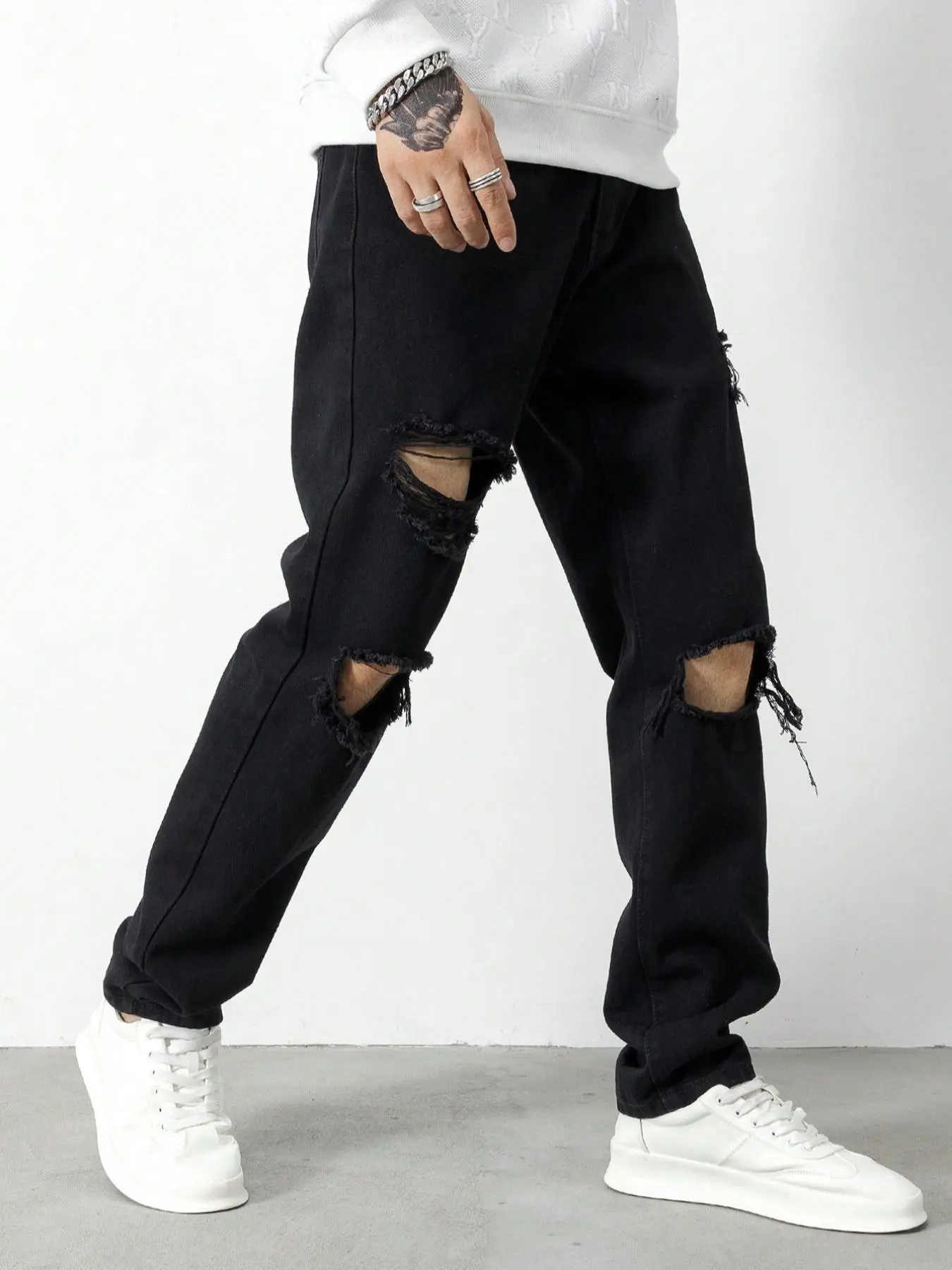 Men's Solid Color Ripped Jeans, Loose Casual Comfy Denim Pants for Daily Wear, Woven Bottoms for All Seasons, Cotton