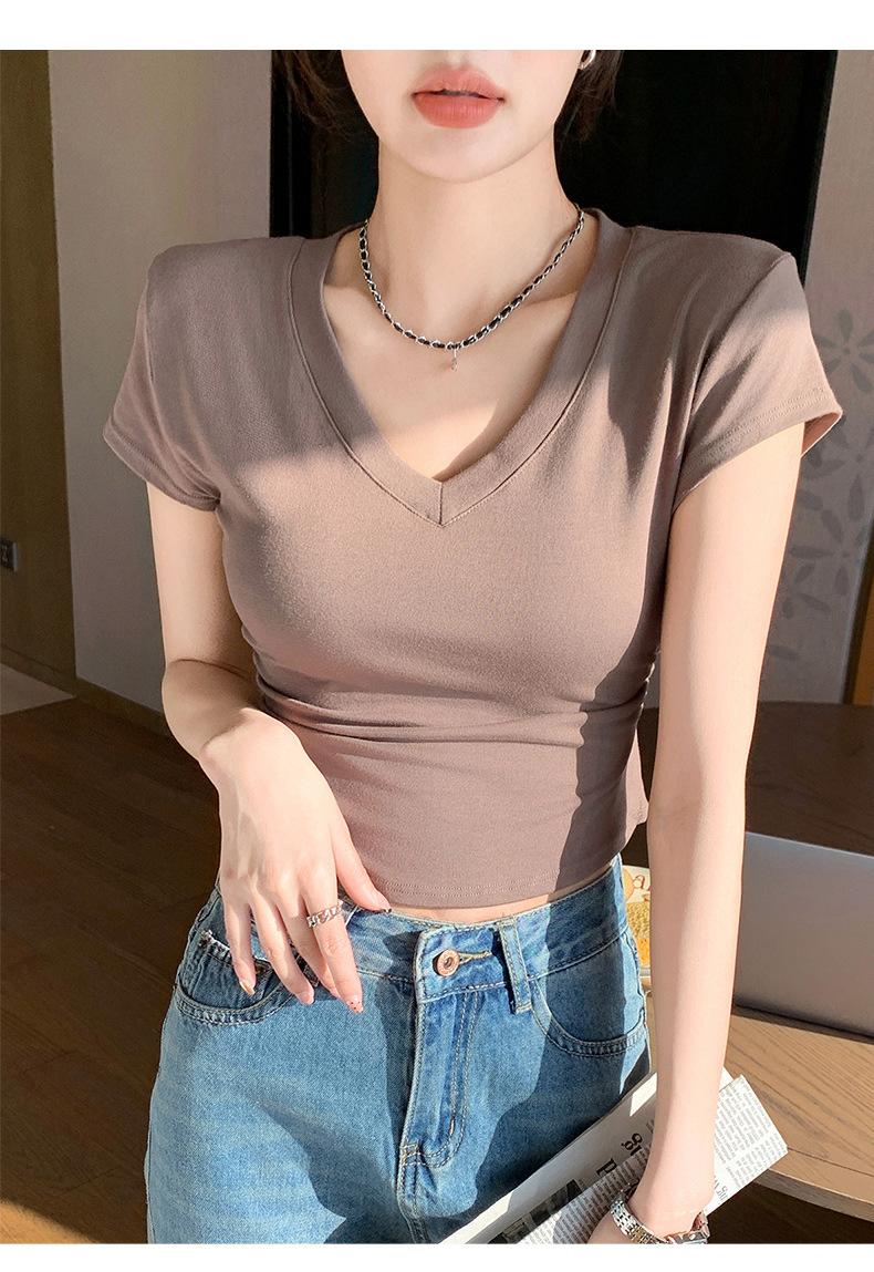 Product Introduction of Summer New Slim Fit V-Neck Short Sleeve T-Shirt for Women, Versatile Waist-Cinching Slimming High-End Top, Niche Style 25