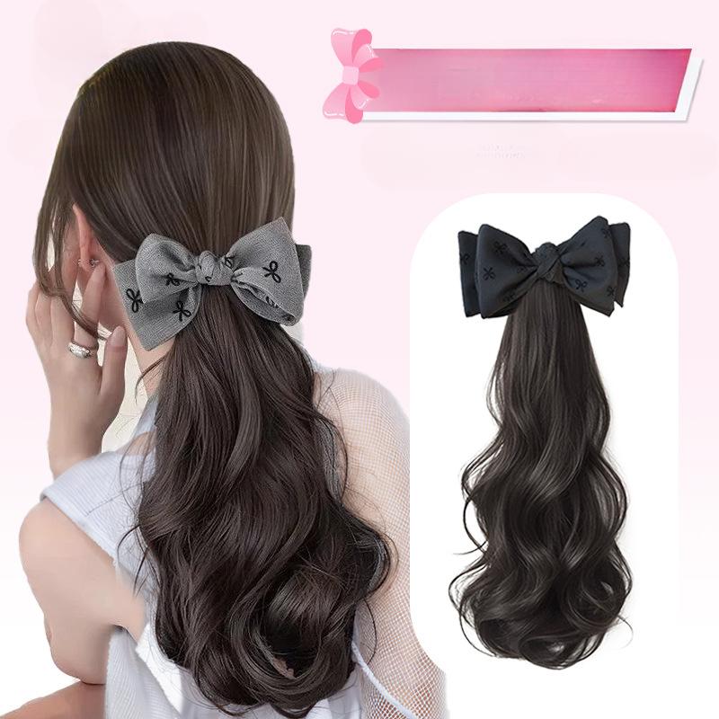 Tóc Giả Xoăn, Phong Cách Hàn Quốc Nhẹ Nhàng, Tóc Giả Đuôi Ngựa Thấp, Thanh Lịch, Với Nơ Và Kẹp, Trông Lãng Mạn, Kẹp Lấy, Thiết Kế Lắc Đầu