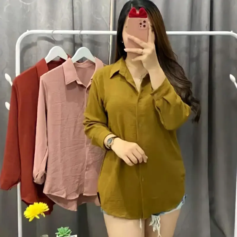 Kemeja polos crinkle wanita airflow/kemeja lengan panjang/kemeja polos wanita terbaru Atasan Airflow Panjang Baju Oversize Linen Dewasa Casual 5