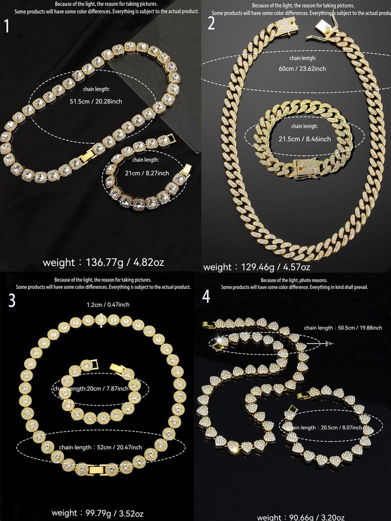 Product Introduction of Rhinestone Decorated Cuban Chain Necklace & Bracelet, Fashion Jewelry for Party, Daily Clothing Decor, Trendy All-match & Exquisite Jewelry for Birthday Gift 2