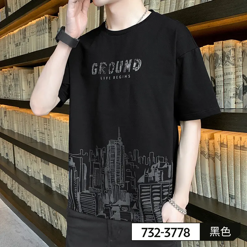 Quần áo Thun Nam - Nguyên bộ quần áo nam hình thành phố sang trọng chất kẻ thời trang mùa hè 3