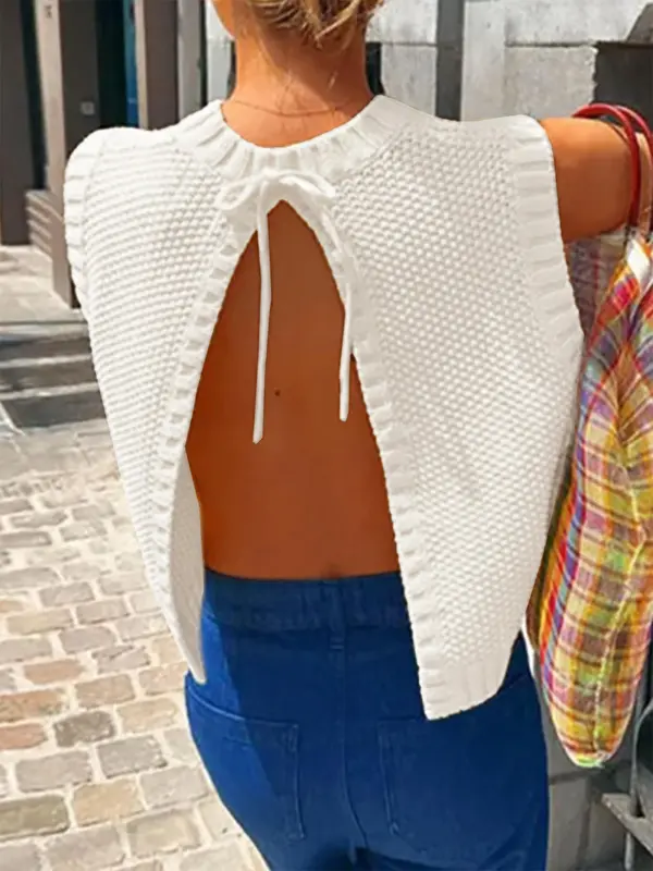 【Plus Size】 Solid Color Split Tie Back Sweater Vest, Casual Round Neck Sleeveless Knit Top for Fall & Winter, Women's Plus Clothing for Daily Wear 1