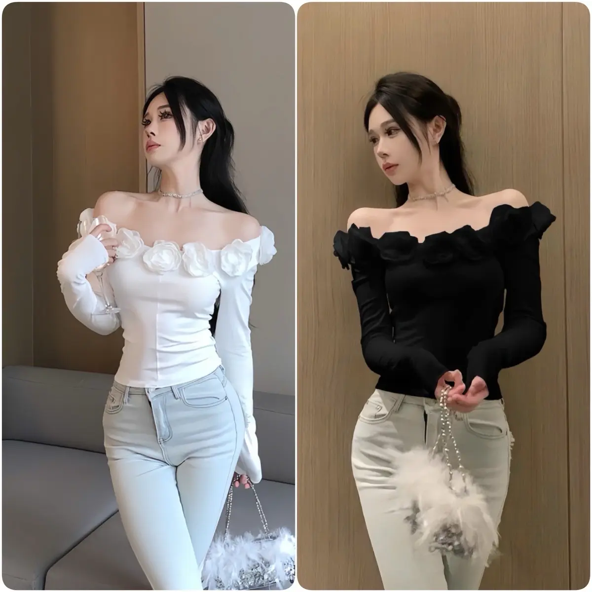 Áo Trễ Vai Tay Dài Thêu Nhiều Hoa Hồng Chất Liệu Bo Tăm