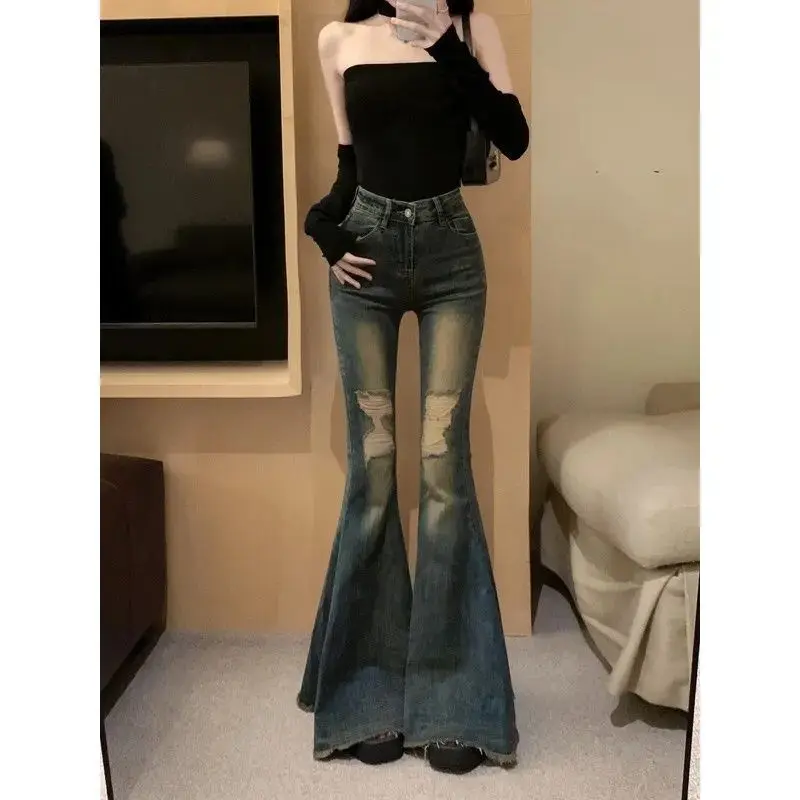 Quần Dài Jean Ống Loe Đuôi Cá, Phong Cách Hồng Kông Cổ Điển Dành Cho Nữ, Cạp Cao, Ôm Vừa Vặn, Thiết Kế Độc Đáo, Mop Rách, Quần Ống Rộng Women Pants