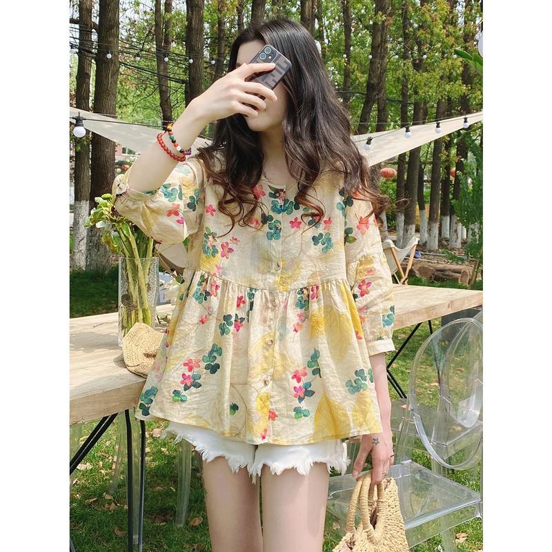 Áo Sơ Mi Babydoll, Phong Cách Hàn Quốc, Dáng Rộng Vừa Vặn, Thích Hợp Đi Đi Lại, Thiết Kế Hoa Sang Trọng Chất Liệu Ramie Cao Cấp, Áo Cánh Phồng Thoải Mái, Áo Sơ Mi Tay Lửng Có Sẵn Vận Chuyển 24 giờ 5