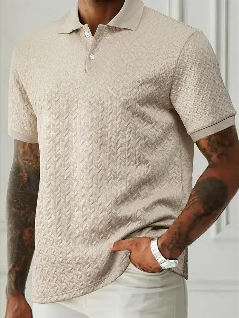 Product Introduction of Men's Regular Fit Plain Jacquard Polo Shirt, Casual Short Sleeve Button Collar Top for Summer, Fashion Men's Clothes for Daily Wear 3