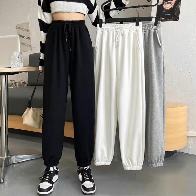 Quần nỉ jogger nữ ống rộng thể thao bo gấu cạp chun dây rút chất vải nỉ da cá dáng bom Quần ống rộng suông màu xám Đen mặc ở nhà đi chơi Women Sport Đồng Tập Gym Tổ Ong