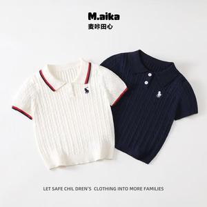 Boys and Girls Korean Style Short Sleeve Knitted Shirt Spring and Autumn Solid Color Ribbed Polo Shirt Casual Top Children's Fashionable