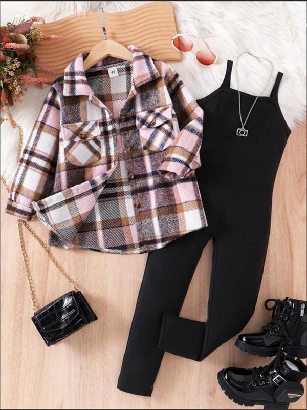 Two-Piece Set Girl's Plaid Print Button Front Shirt & Overalls Set, Casual Long Sleeve Collared Top & Jumpsuit for Spring & Fall, Kids Clothes for Daily Wear 0