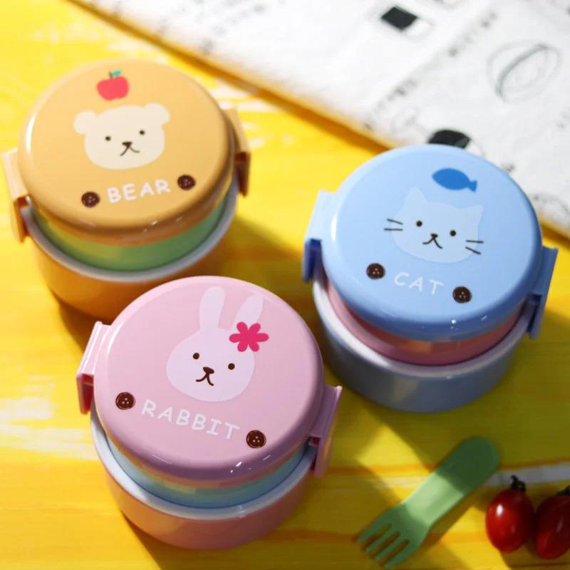 Cute Animal Lunch Box Japanese Double-layer Round Mini Bento Box Children's Fruit Box Snack Box Microwave Kids Lunch Box 540ml 0