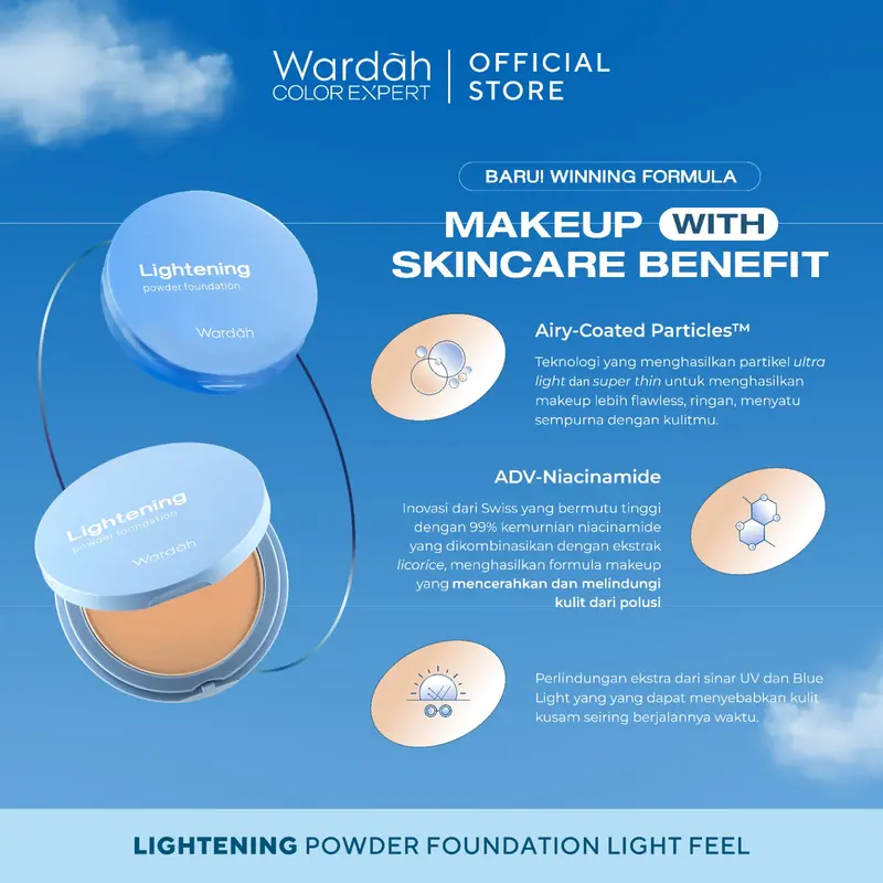 WARDAH Lightening Powder Foundation Light Feel 12g | Two Way Cake Bedak Padat Ringan & Matte dengan Niacinamide | Powder Compact Cushion untuk Skin Cerah, Blur, Tahan Lama, All Skin Type – Feel Glad, No Cakey All Day - Makeup 2