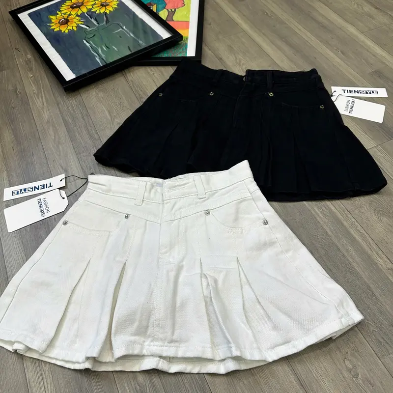 (CÓ BIGSIZE) Chân Váy Jean Xòe Xếp Ly Có Lót Quần Phom Ngắn Chất Jean Không Giãn - Nữ - Women -Khuy 3