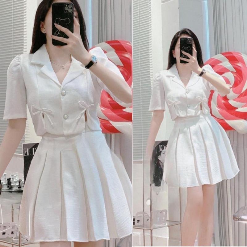 Set đồ tiểu thư bigsize nữ áo sơ mi cổ vet tay bồng croptop kèm chân váy xếp ly dáng chữ A xinh xắn SET72 Women