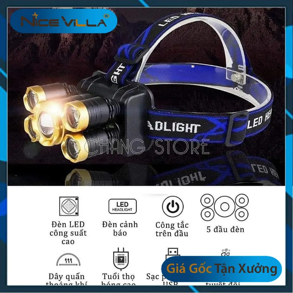 Đèn pin đội đầu siêu sáng 5 bóng led, Pin Sạc 9800Mah, 18650 4.2V siêu sáng