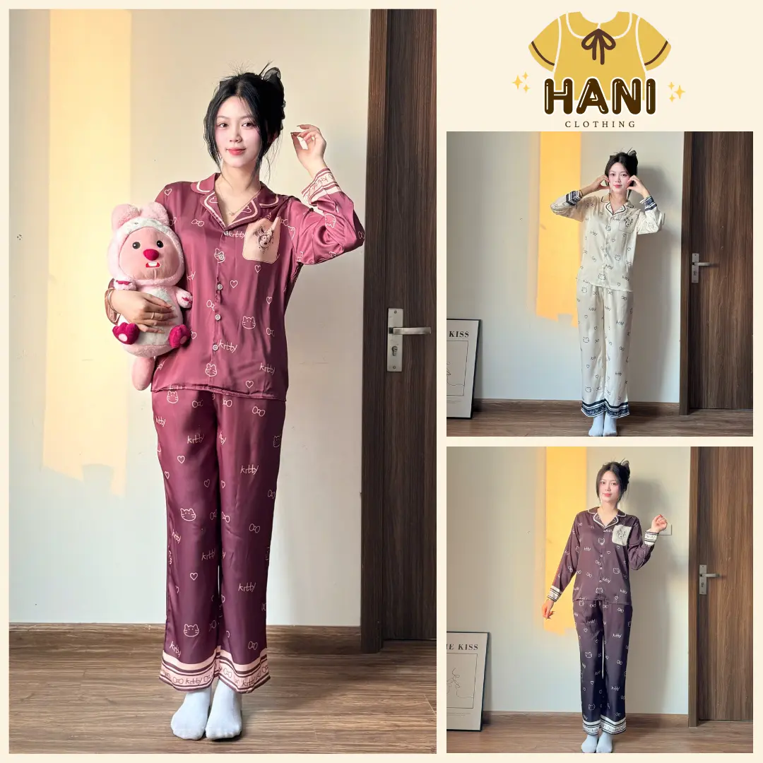 Bộ Đồ Ngủ Pijama Lụa Latin Cao Cấp HANI Hoạ Tiết Phối Túi Áo In Full 5D Tay Dài Nhiều Màu Chất Mềm Mịn Mát Size 40-60kg Nữ - SK07