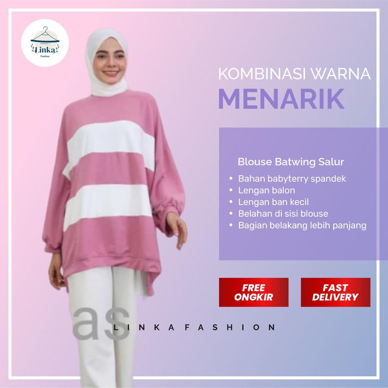 Atasan Blouse Wanita Batwing Jumbo Tangan Balon Salur A.008 0