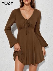 YOZY Women's Plain Ruched Tie Front Flounce Sleeve Dress, Casual V Neck Long Sleeve A Line Dress for Spring & Fall, Women's Clothing for Daily Wear