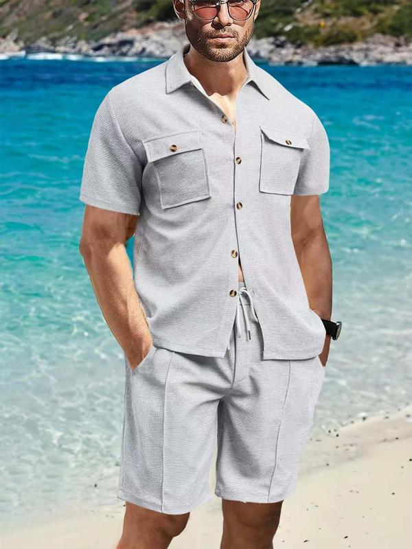 Two-Piece Set Men's Solid Color Waffle Knit Utility Shirt & Shorts, Casual Short Sleeve Collared Top & Shorts for Summer, Men's Clothes for Beach Vacation 2