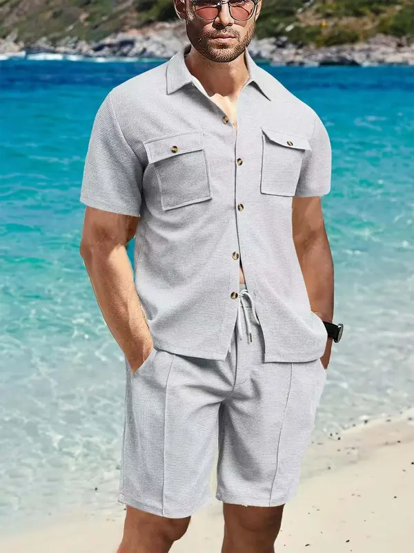 Two-Piece Set Men's Solid Color Waffle Knit Utility Shirt & Shorts, Casual Short Sleeve Collared Top & Shorts for Summer, Men's Clothes for Beach Vacation, Menswear 2