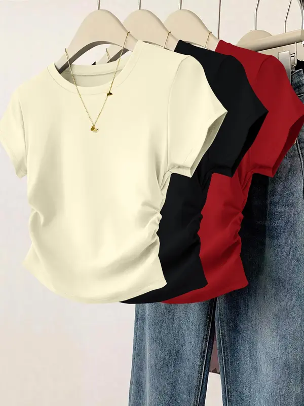 Women's Plain Curved Hem Ribbed Tee, Casual Short Sleeve Round Neck T-shirt for Daily Wear, Ladies Clothes for All Seasons, Top, Womenswear 6