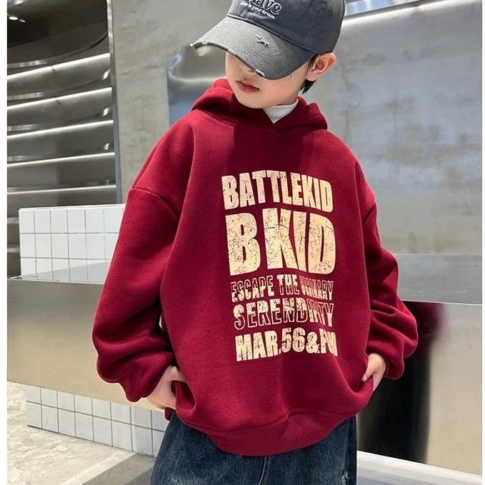 22-65KG ÁO NỈ HOODIE ĐỎ CÓ LÓT LÔNG DÀY ẤM IN HOẠ TIẾT CHỮ TRƯỚC ÁO DÀNH CHO BÉ TRAI hoodie đỏ