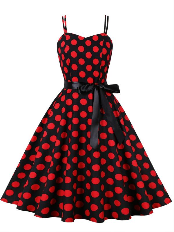 Women's Polka Dot Print Double Strap Tie Front Cami Dress, Elegant Sleeveless Midi Dress for Holiday Vacation Party, Ladies Clothes, Dresses Summer 1