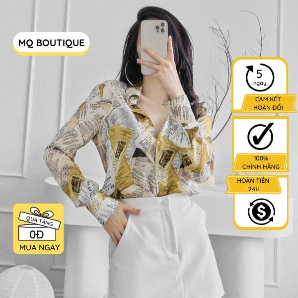 Áo sơ mi nữ lụa dài tay cao cấp công sở họa tiết tờ báo chữ, áo sơ mi họa tiết thiết kế MQ Boutique