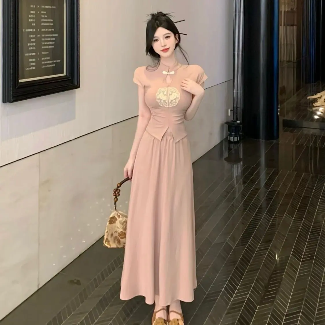 Bộ Đồ Hai Mảnh Phong Cách Dân Tộc Thêu Thanh Lịch Trung Quốc Mới, Váy Tay Phồng Ôm Sát, Thích Hợp Đi Làm, Bộ Đồ Thời Trang Ngắn Cổ Điển