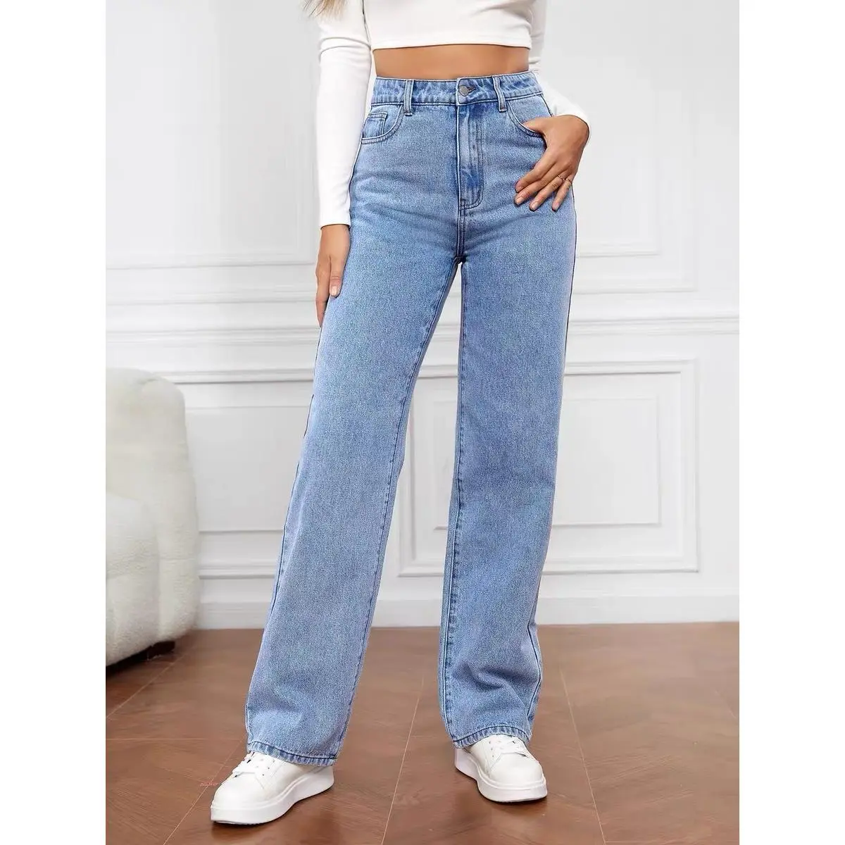European and American High Waist Stretch Belt plus Size Women's Jeans Light Color and Water Scrubbing Loose Wide-Leg plus Size plus Size Straight Pants,    Denim  Trouser Streetwear Comfort Lingerie Pocket Maternity Basic Minimalist