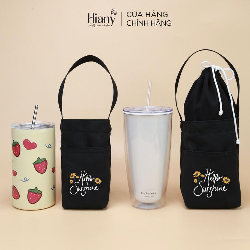Túi đựng ly đựng bình nước bottle bag vải canvas đen in hình hello sunshine Hiany AB08 0