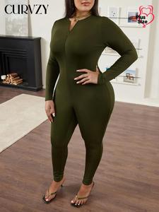 CURVZY Plus Size Autumn Aesthetic Solid Zip Up Mock Neck Skinny Jumpsuit, Elegant Long Sleeve Jumpsuit for Daily Wear, Women's Plus Clothing for All Seasons