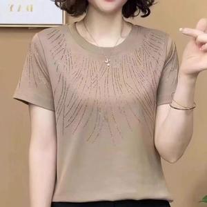 Summer Stylish Stretchy Crewneck Top Women Short Sleeve Glitter Mom Outfit