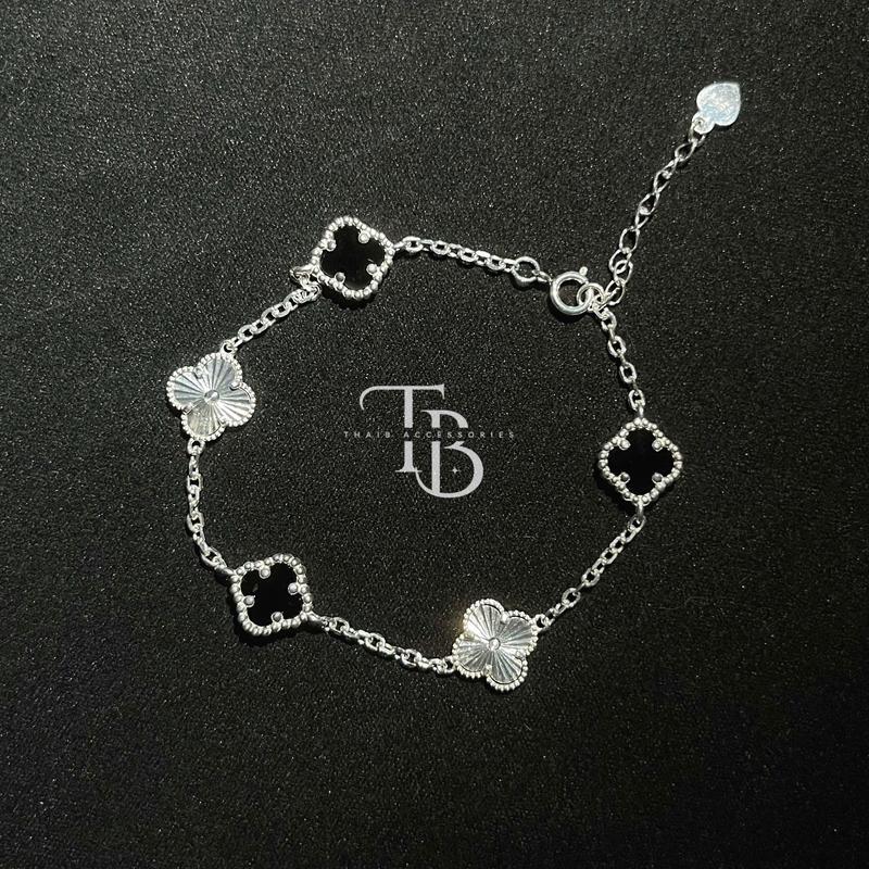 Lắc tay cỏ bốn lá xen kẽ đen trắng S925 - UNISEX cỏ 4 lá vòng tay nữ
