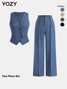 YOZY Women's Solid Color Button Front Pocket Vest Blazer & Wide Leg Pants Set, Casual Sleeveless V Neck Top & Wideleg Trousers for Work Office Business, Ladies Two-piece Outfits for All Seasons
