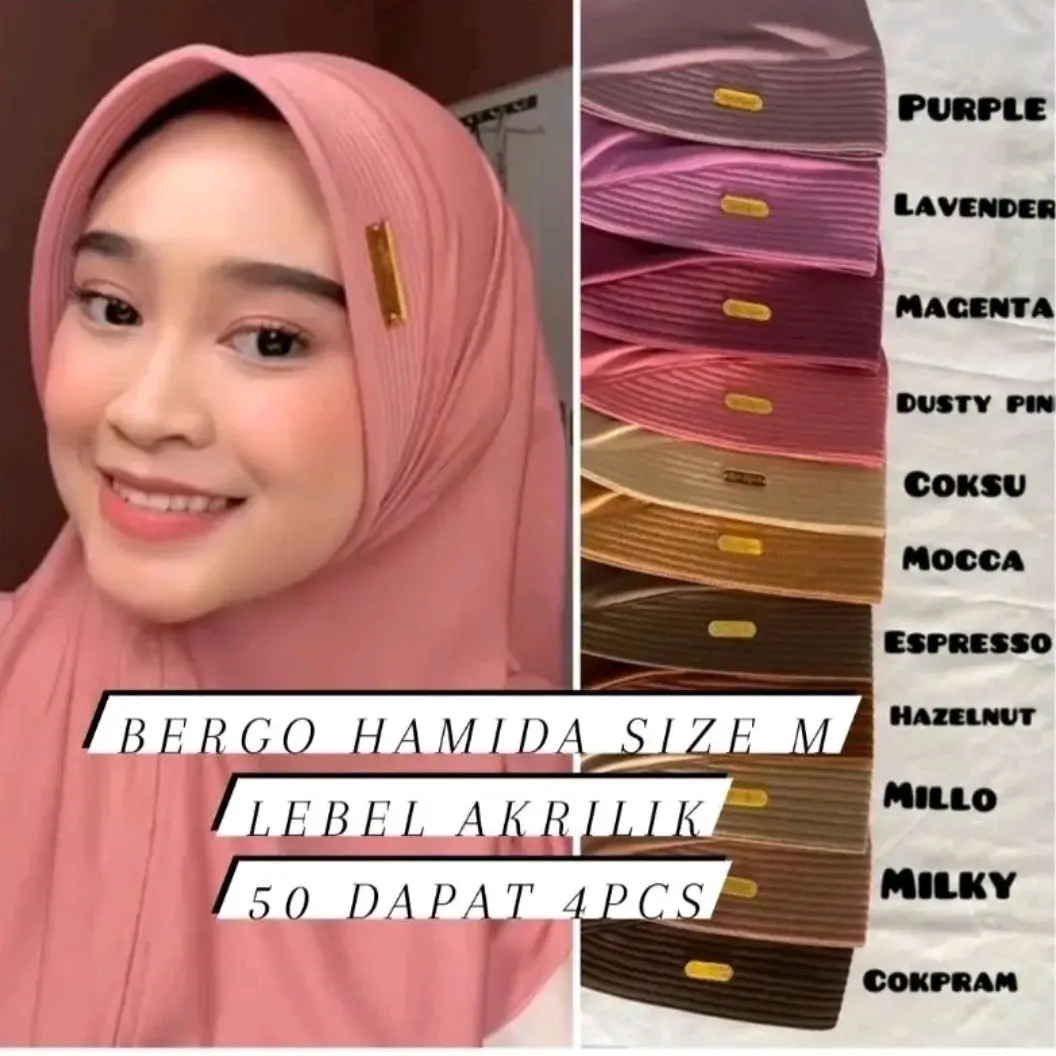 (DAPAT 4 PCS) BERGO HAMIDAH SIZE M LABEL AKRILIK By Shena Hijab (BISA RIQUES WARNA)