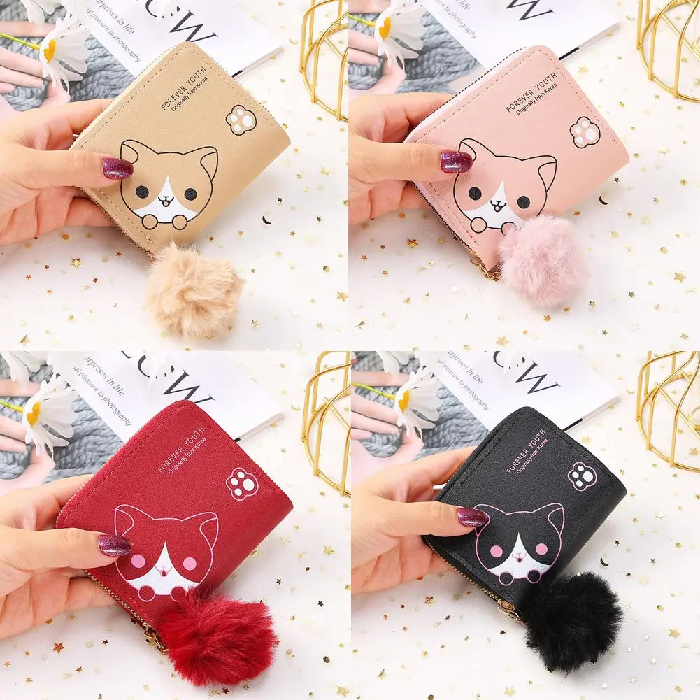 Women's Zipper Wallet Short Mini Card Holder Fur Ball Card Bag Cute Puppy Women's Solid Holder V4K0