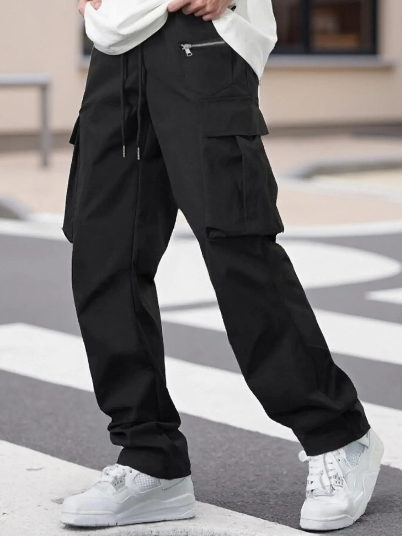 Men's Solid Flap Pocket Cargo Pants, Regular Fit Casual Street Fashion Trousers for Daily Wear, Men's Bottoms for All Seasons, Beige