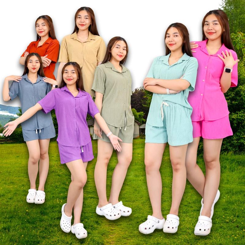 Product Introduction of ชุดเซ็ทผู้หญิง  เสื้อคอปก กระดุมหน้า แขนสั้น กางเกงขาสั้น  ผ้าย่นลายเปลือกไม้ เนื้อผ้านิ่ม 4411# 35