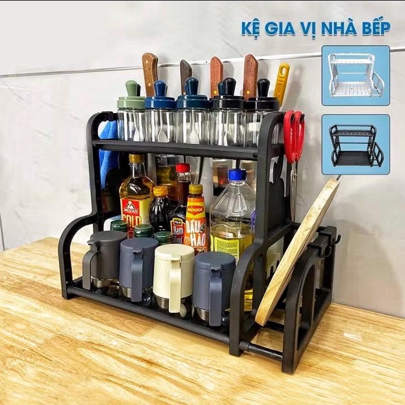 Kệ Đựng Gia Vị Nhà Bếp 2 Tầng Chữ B Kèm Ống Đũa Và Có Khay Để Thớt Vắt Dao, Kệ Bếp Đựng Đồ Đa Năng