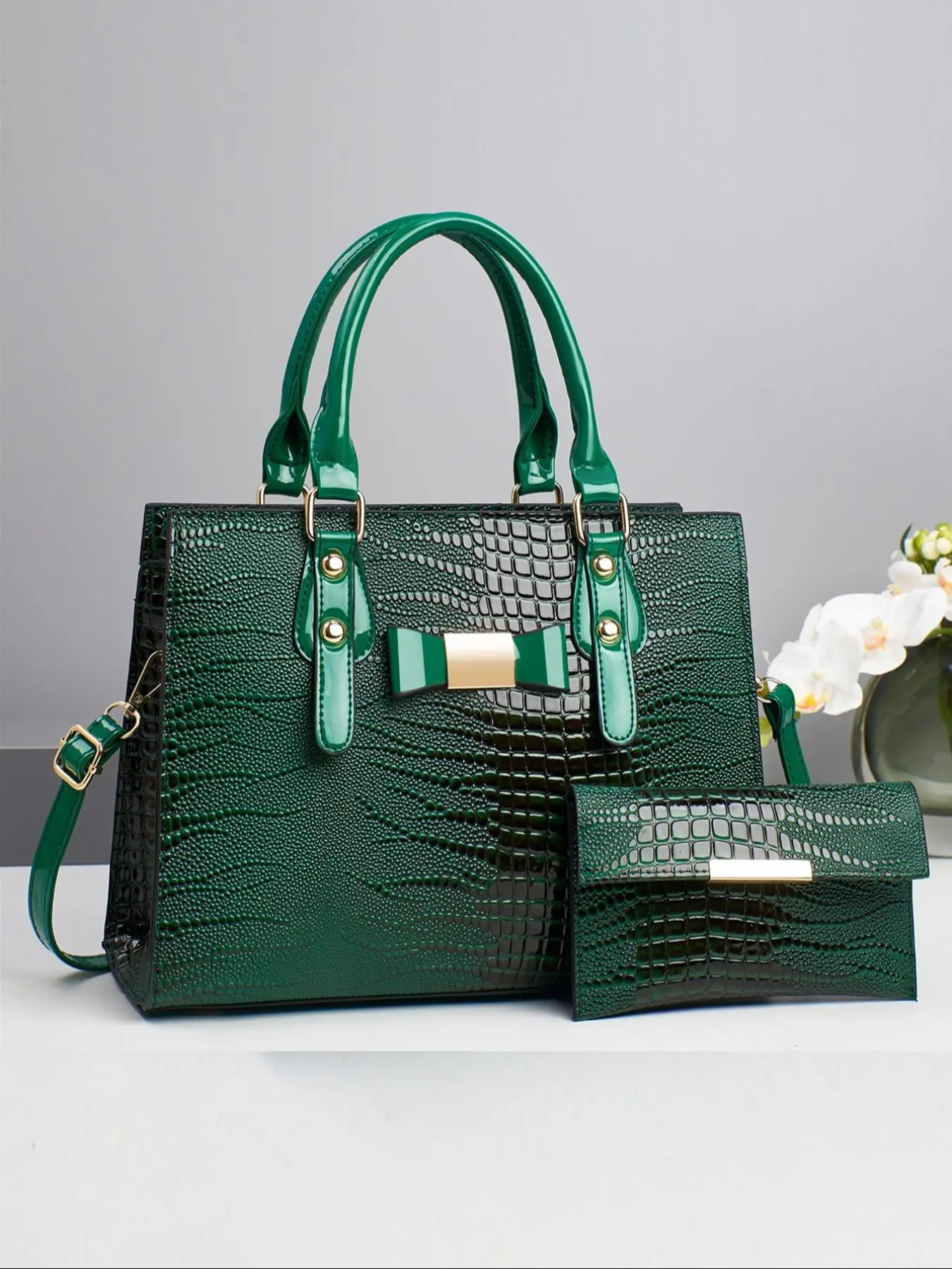 Women's Elegant Crocodile Embossed Handbag & Wristlet, Fashionable Solid Color Shoulder Bag Set for Daily Used, Casual Trendy Versatile High-quality Daily Commuting Bag