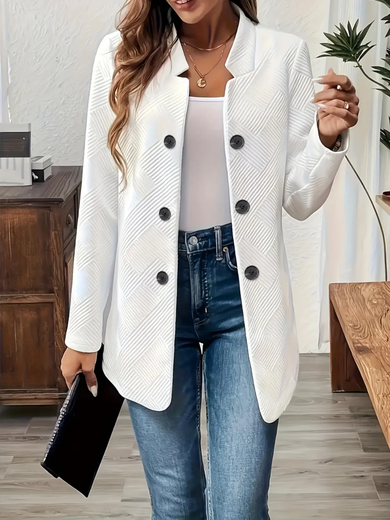 Plus Size Solid Color Double Button Long Sleeve Coat, Casual Fashionable Coat for Daily Outdoor Wear, Jacket, Women Plus Clothing for Fall & Winter