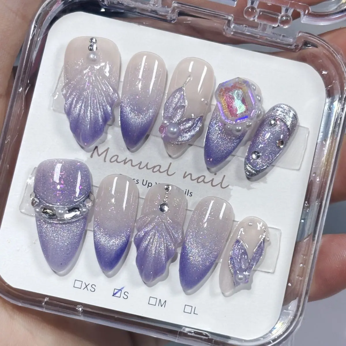 2024 [Asymmetric Mermaid] Purple Starry Sky Cat Eye Tail Nail Art, Three Dimensional Hand Painted Tail, Handmade Wearing Armor