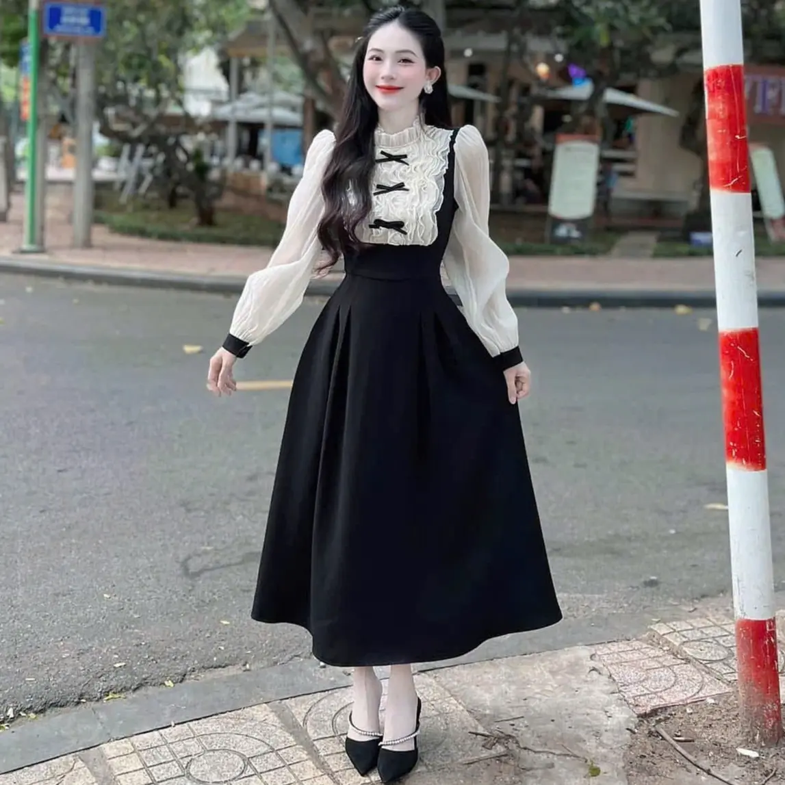 Đầm tiểu thư duyên dáng đi tiệc A725 form xòe dáng dài qua gối chất mango phối tơ óng có lót lụa freesize KimHoa77