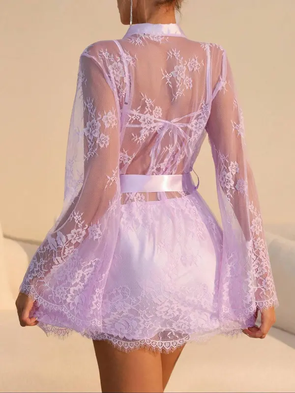 Women's Solid Lace Cami Nightdress & Sexy Robe Lingerie Two-piece Set, Loose Strap Nightgown & Panty Set, Women's Sleepwear for All Seasons 4