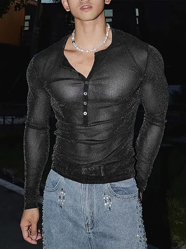 Men's Sexy Tops Sparkling Fabric T-shirts for Party Nightclub,Fashion See-through Mesh Thin Long Sleeve Tee for New Year Christmas 2